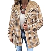 Zeagoo Womens Plaid Shacket Jacket Long Sleeve Fleece Hooded Jackets Fall Winter Warm Coat S-2XL