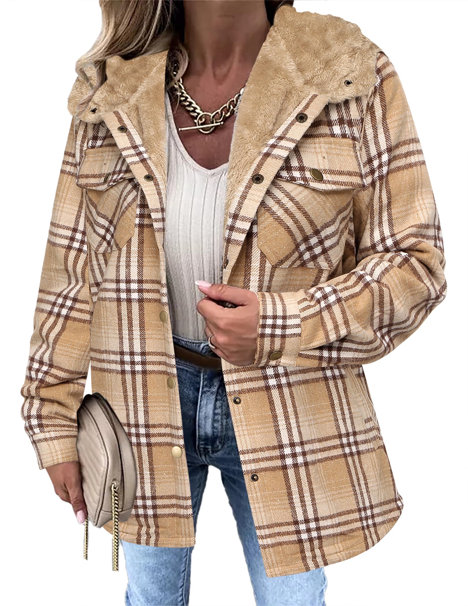Photo 1 of Zeagoo Women's Casual Jackets Hooded Shacket Winter Warm Comfy Fleece Lined Thick Plaid Flannel Shirts Long Sleeve Coat Fall Clothes