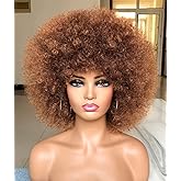 HIHOO Short Afro Wig with Bangs for Black Women Afro Kinky Curly Wig 70s Premium Synthetic Big Afro Wigs(Brown)