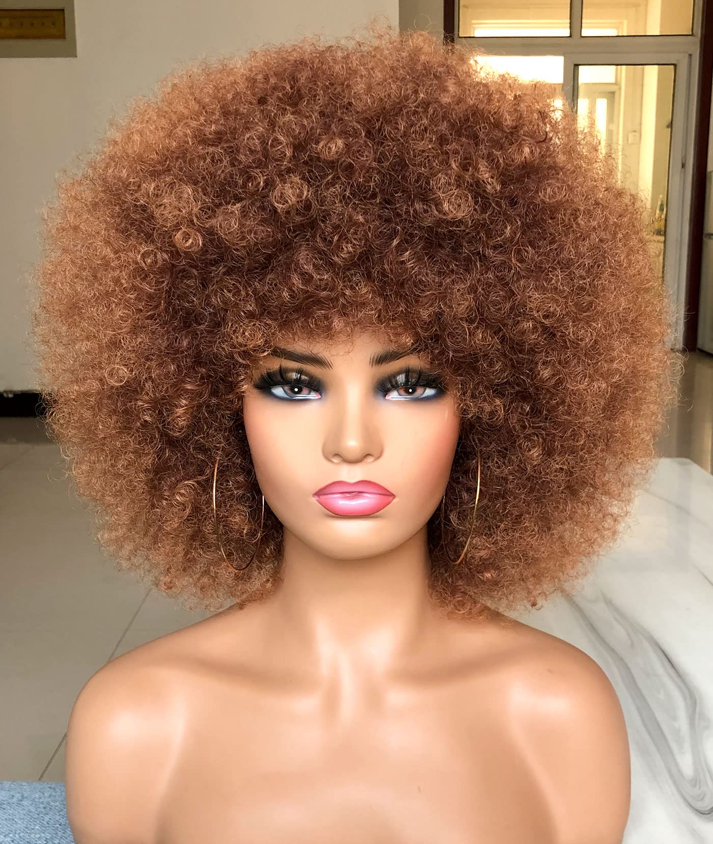 ISAMY 70's Afro Wigs for Black Women Short Curly Afro Kinky Wig Bouncy Huge Fluffy Puff Wigs Premium Synthetic for Cosplay and Daily (Ombre Brown)