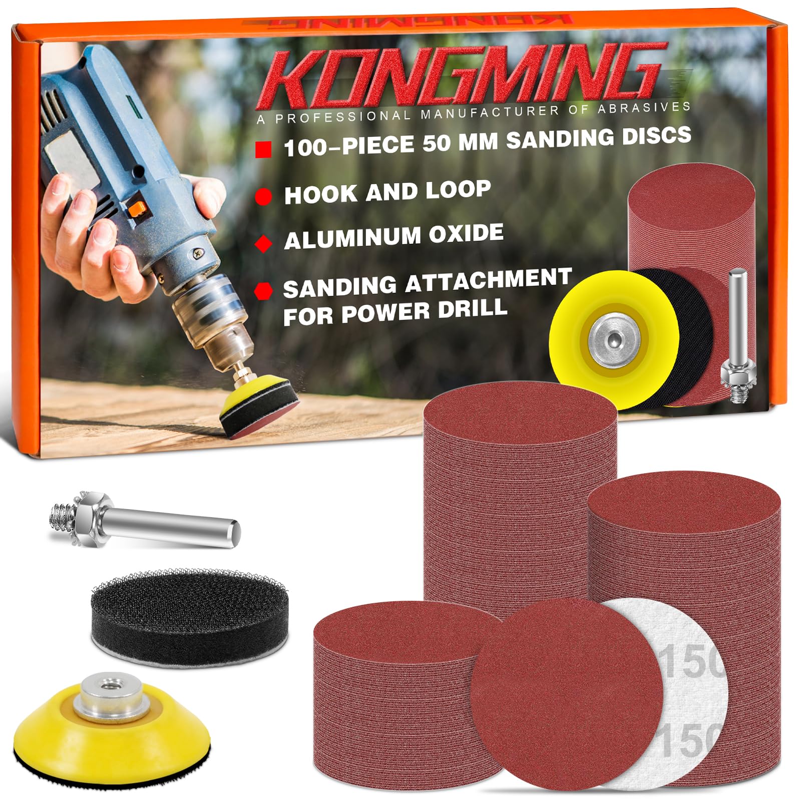 KONGMING 50mm Sanding Discs Hook and Loop 100 pcs Grit 150 for Drill Sanding Attachment
