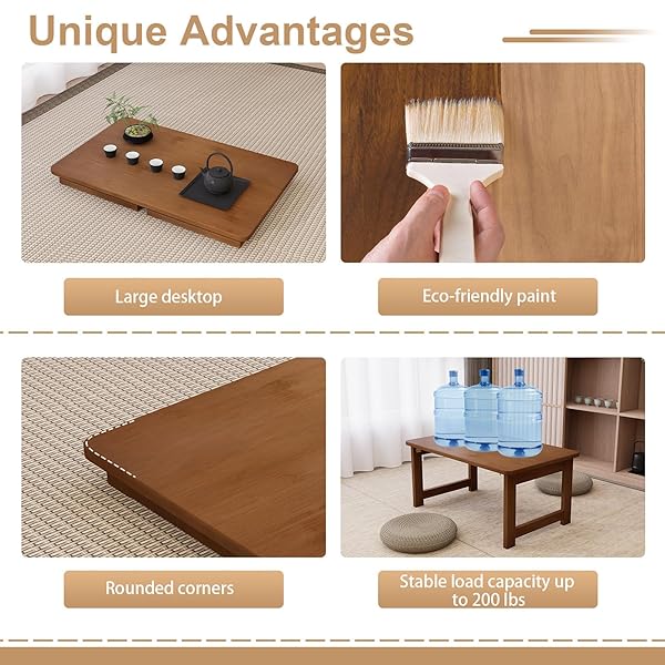 MHIUSI FLOOR COFFEE TABLE FOR LIVING ROOM, JAPANESE FOLDING LOW DINING TABLE, NO ASSEMBLY FOLDABLE TATAMI TEA TABLE – NATURAL SOLID WOOD BAMBOO, RECTANGLE GROUND DESK FOR SMALL SPACES (WALNUT)