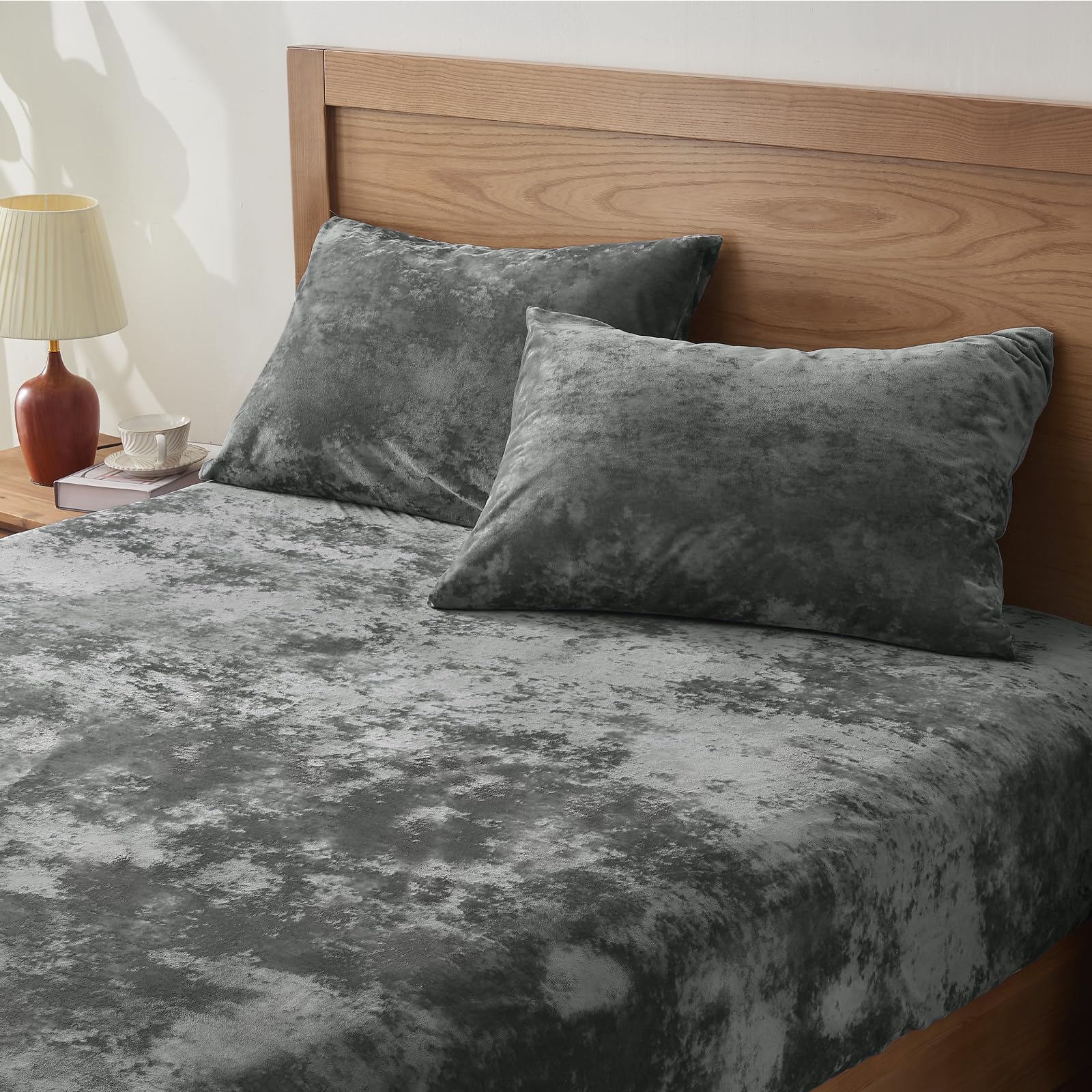 Photo 1 of **NO SHEET** BEDELITE Velvet Fitted Sheet and Pillowcases Set, Luxury Soft Fuzzy Bottom Sheet with Reinforced Elastic Corner Straps, Deep Pocket up to 15 Inch, 1 Fitted Sheet and 2 Pillowcases (King, Grey)