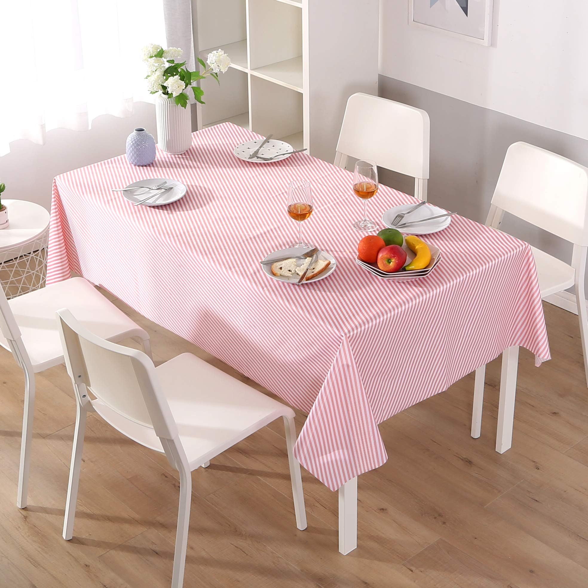 Qucover Waterproof Table Cloth Rectangular Simple Nordic Pink Striped Wipe Clean Tablecloth PVC Plastic Oil-Proof Stain-resistant Tablecloths for Kitchen Dinning Room 140x220 cm