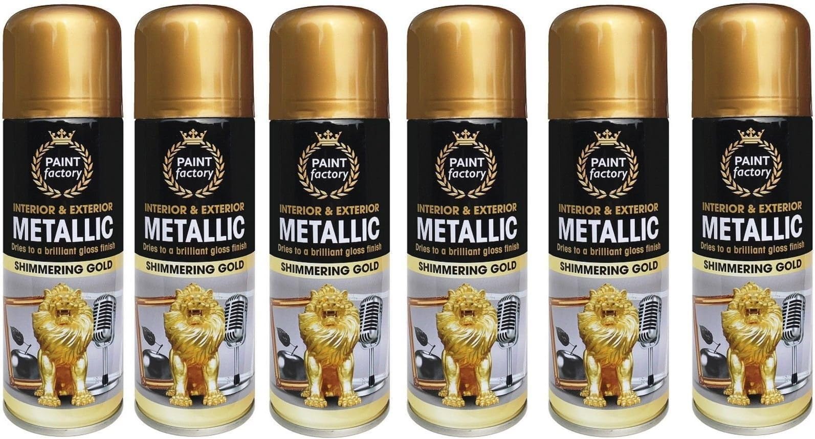 Scotvision® 6 x Paint Factory Interior/Exterior Metallic Spray Paint Shimmering Gold 200ml