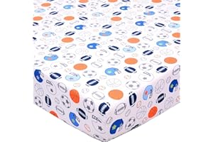 Crib Sheet - 1 Pack Sports Theme Nursery Bedding Sheet - Footballs Printed Standard Size Infant Bed Sheet Basketball Baby Boy Bed Linens for Crib by UOMNY