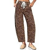 Vetinee Barrel Jeans Women Trendy Wide Leg Leopard Cheetah Pants High Waisted Pull On Drawstring Stretchy Denim Pants