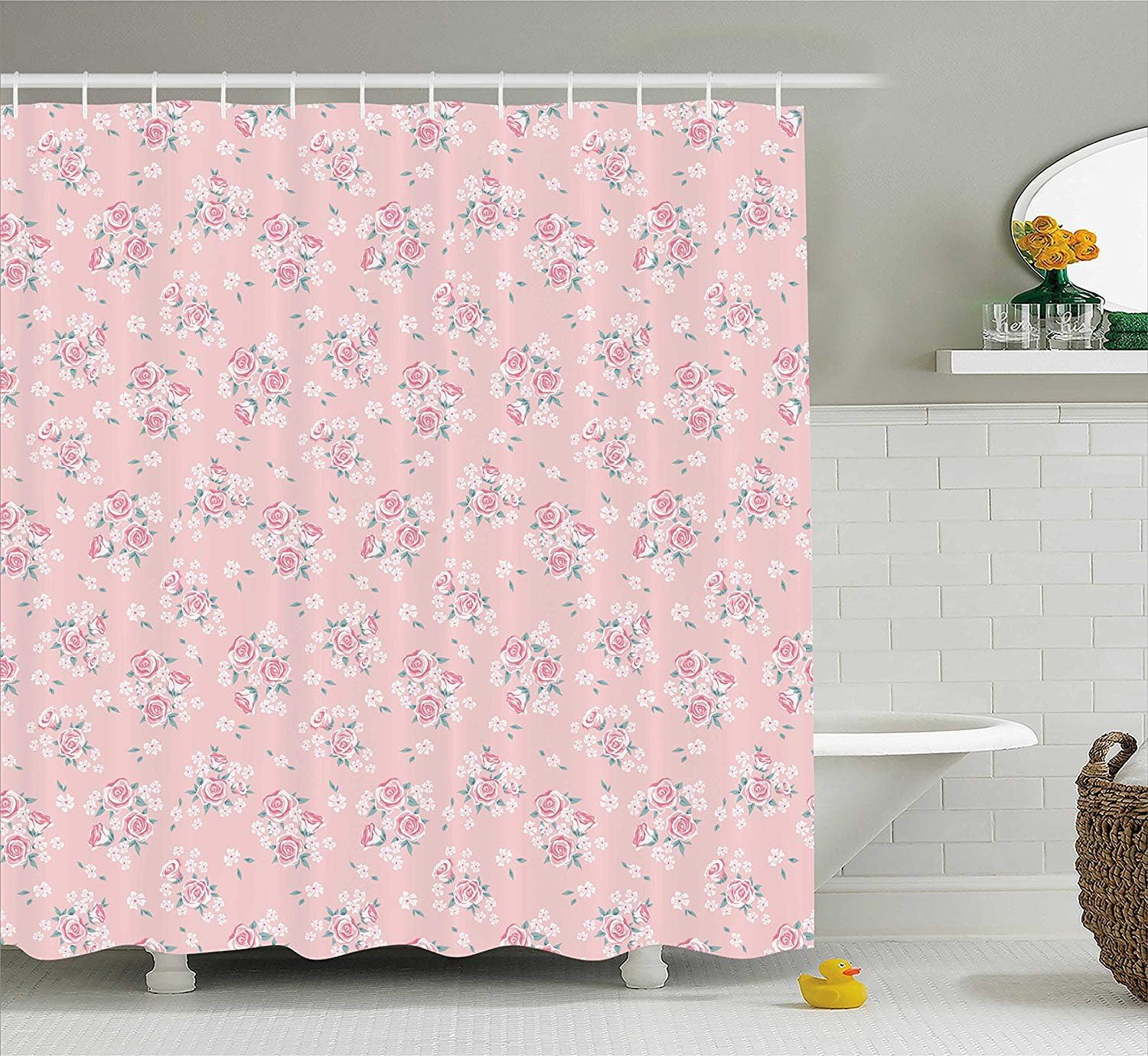 Srj2018 Pink Decor Shower Curtain By Romantic Shabby Chic Style Inspired Flowers With Little Roses Lilacs Artwork Fabric Bathroom Decor Set With Hooks 180cm Light Pink Amazon Co Uk Kitchen Home