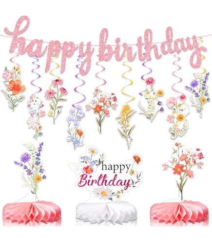 Wildflower Birthday Decorations Kit - 11 Pc Glitter Banner & Garland For Girls/Women Party - View #3