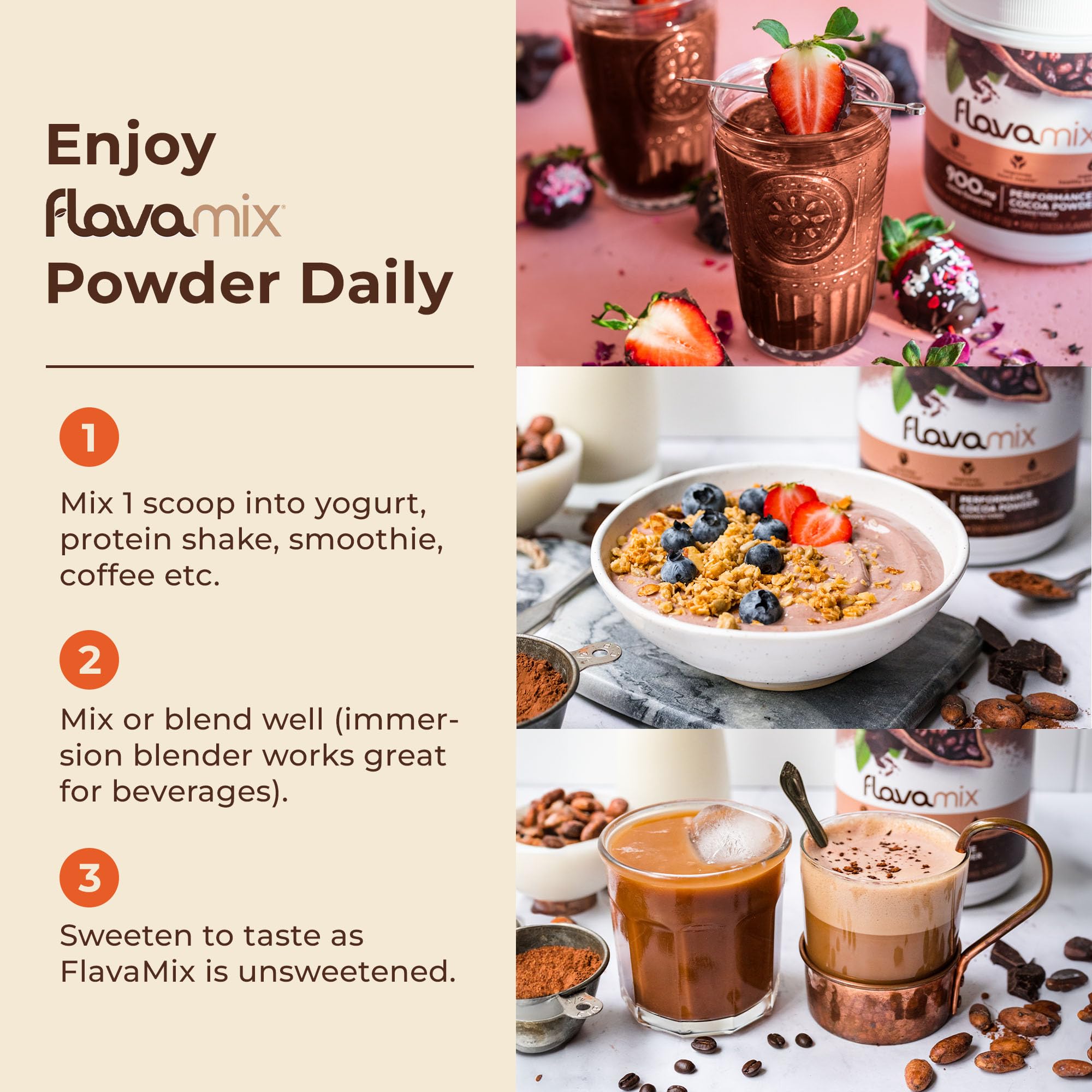 FlavaMix Performance Cocoa Powder | 900mg of Cocoa Flavanols | Promotes Heart & Brain Function | Boosts Nitric Oxide | Plant Based, Zero Sugar | 31 Servings