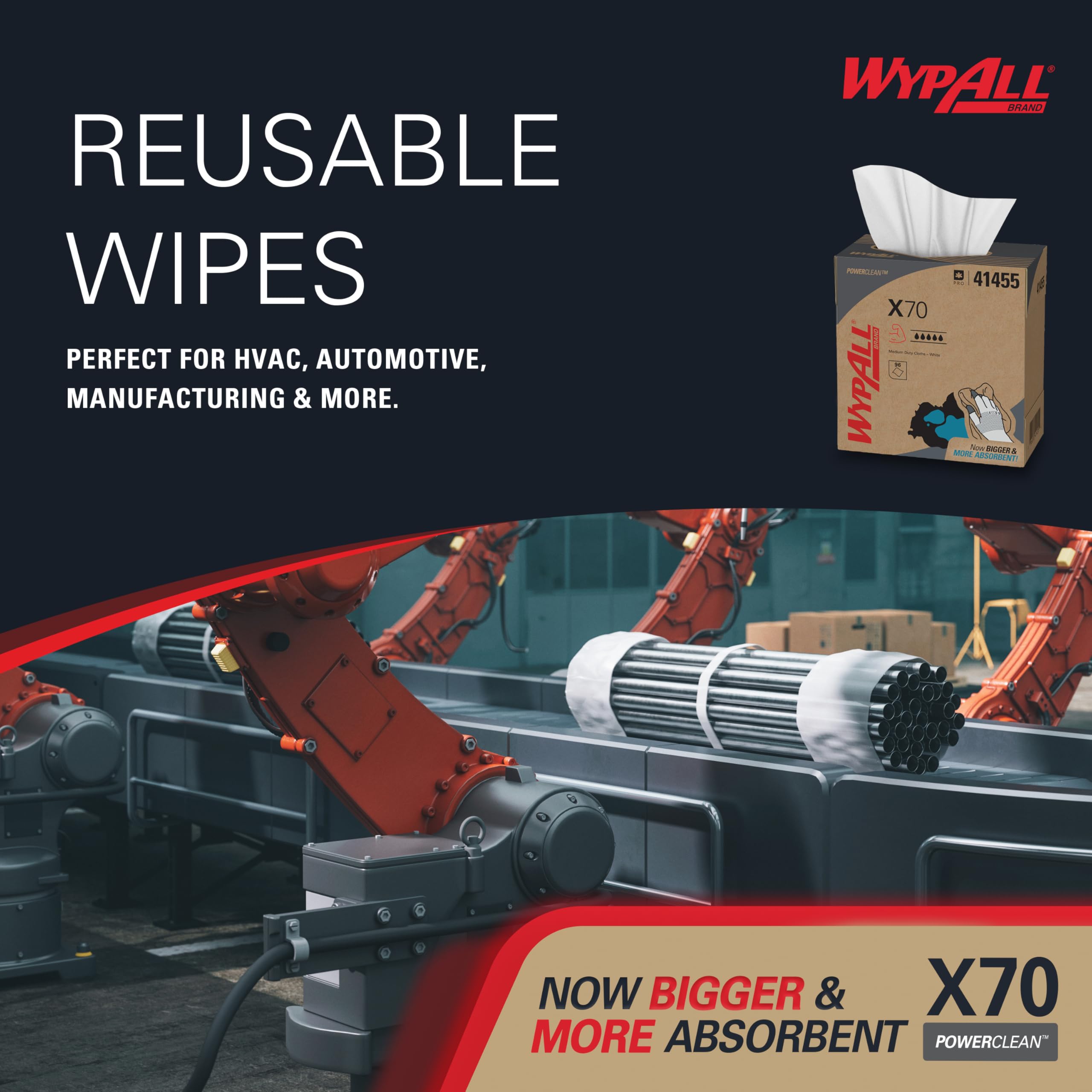 Wypall PowerClean X70 Cloths Medium Duty Wipes (41455), Pop-Up Box, Long Lasting Towels, White (10 Packs of 96 Sheets, 960 Sheet Total)