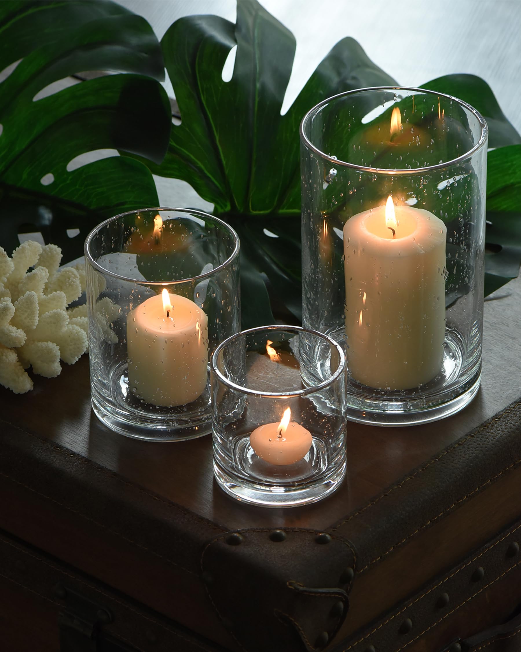Photo 1 of ARIAMOTION Hurricane Glass Candle Holders Set, Pillar Votive,Clear Seeded Bubbles Cylinder Vase,Modern Rustic Table Centerpieces Bulk, 3 Sizes 8 Inch 5 Inch 3.5 Inch Height