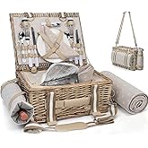 19Pcs Picnic Basket for 2 with Insulated Liner and Waterproof Picnic Blanket Wine Pouch, Large Wicker Picnic Hamper for Camping,Outdoor,Valentine Christmas for Couples