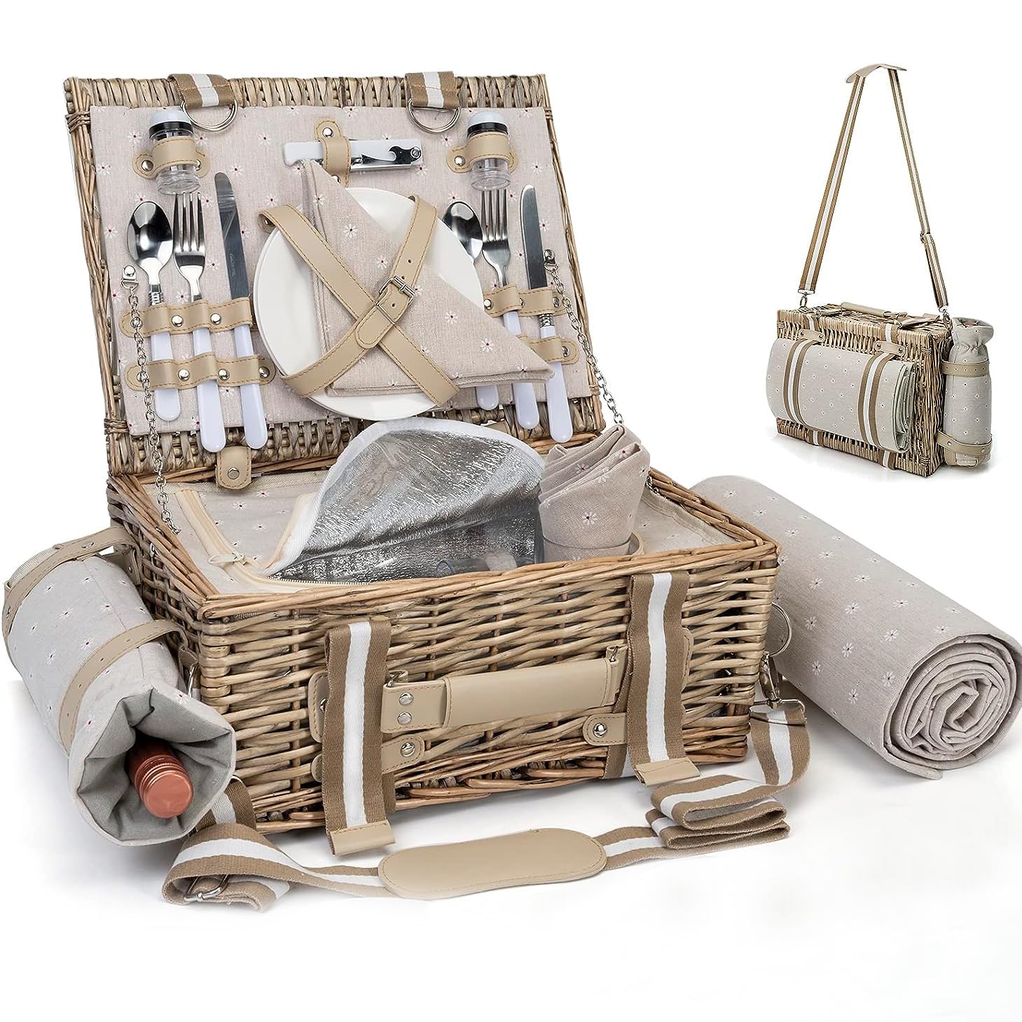 Photo 1 of 19Pcs Picnic Basket for 2 with Insulated Liner and Waterproof Picnic Blanket Wine Pouch, Large Wicker Picnic Hamper for Camping,Outdoor,Valentine Christmas for Couples