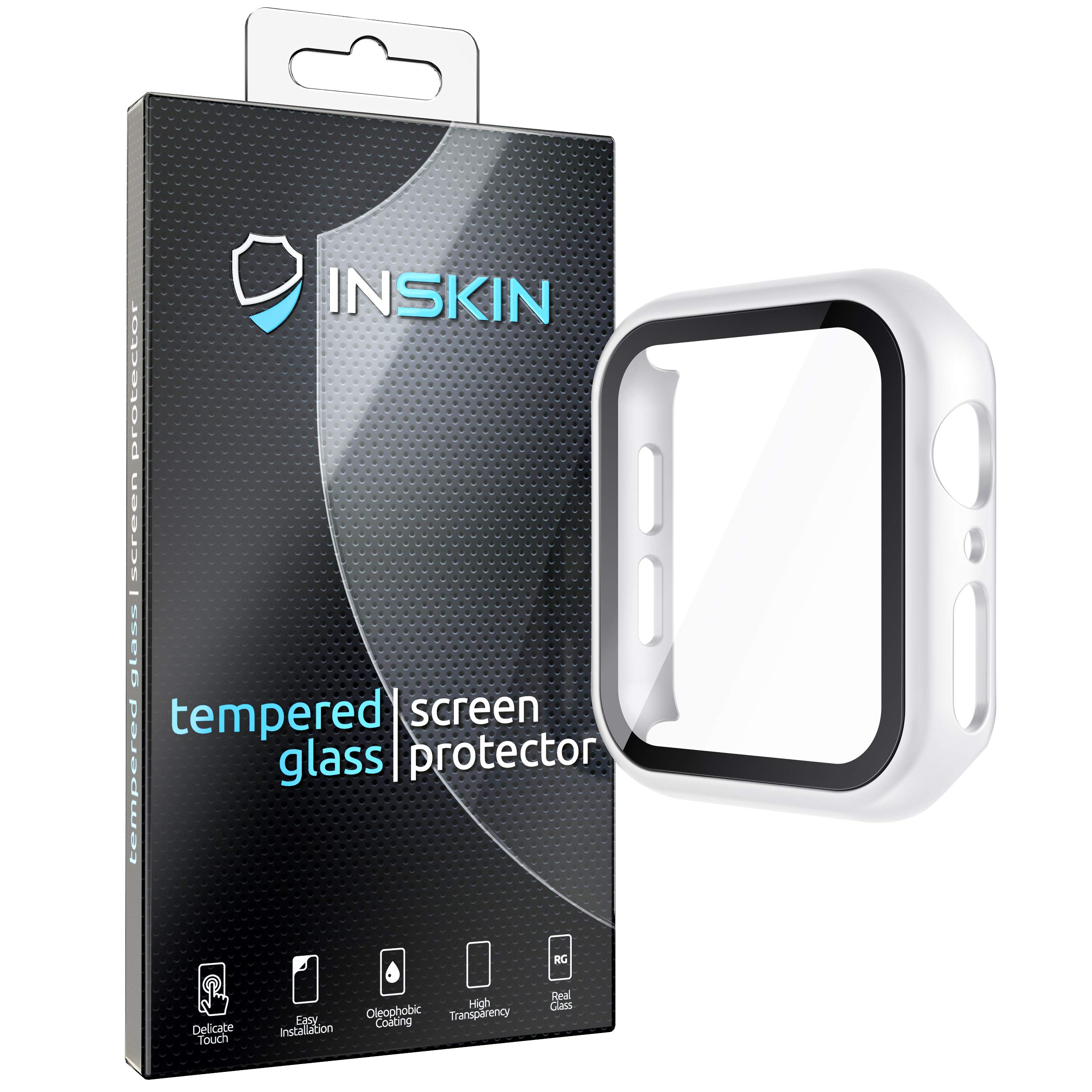 Inskin PC Case with Built-in Tempered Glass Screen Protector, fits Apple Watch SE, Series 6/5 / 4. 44mm. White.