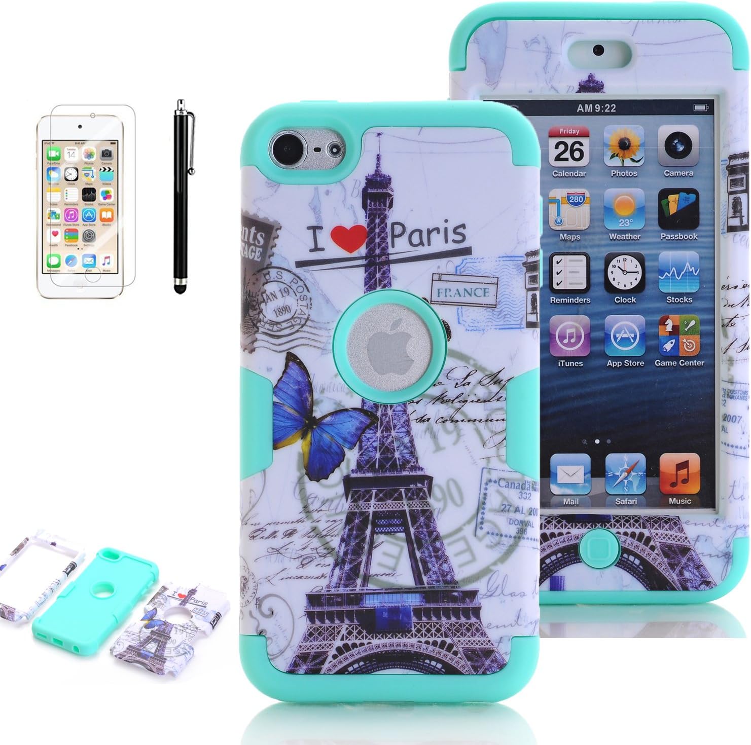 iPod Touch 5th Generation Case, iPod Touch 6 Cases for Girls, VODICO 3 Layer Impact Resistant Hybrid Soft Silicone Hard Plastic Protective Case Cover with Screen Protector+Stylus (Paris Mint)