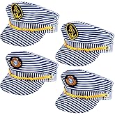 SGBETTER 4 Pack Kids Striped Captain Hat Boat Captain Hat Yacht Sailor Cap Blue White Captain Party Hats for Child Halloween Masquerade Party Costume Accessory, 2 Styles