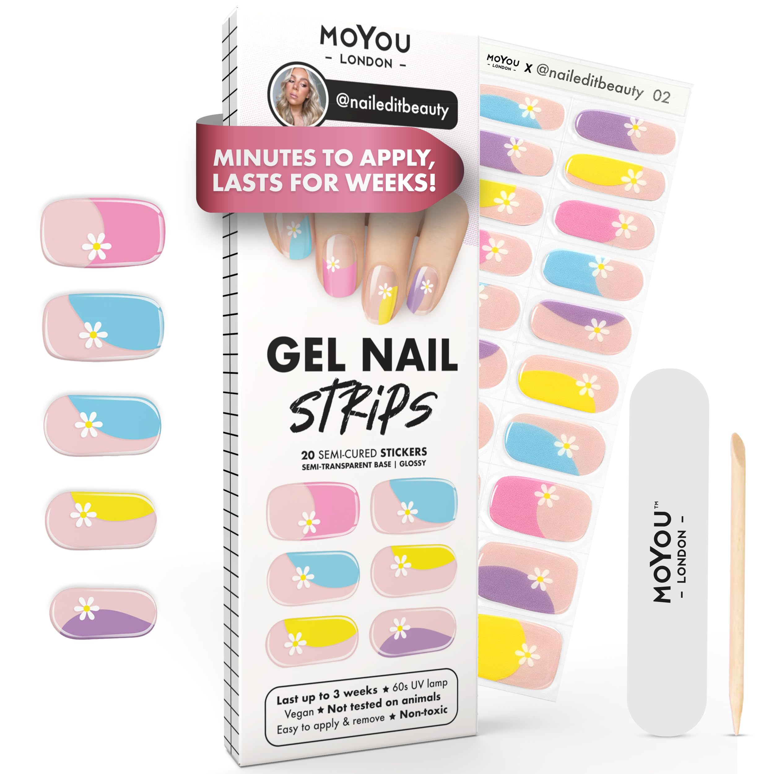 MOYOU LONDON Semi Cured Gel Nail Strips - 20 Pcs. Waterproof Gel Nail Wraps, Cures in Sunlight or UV/LED Lamp, Lasts Up to 2+ Weeks, Stretchable, Easy to Apply & Remove, Vegan & Cruelty-Free