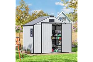 MELLCOM 8 x 6 FT Resin Outdoor Storage Shed with Floor, Outdoor Storage Tool Shed with Windows and Lockable Door, Resin Garde