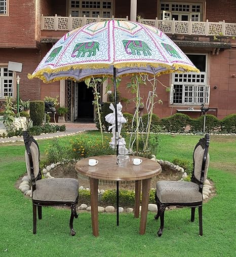 Lalhaveli Traditional Handmade Elephant Work Design Cotton Garden Umbrella 52 X 72 Inches