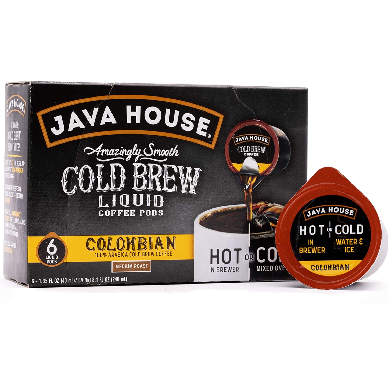 Java House Cold Brew Coffee Concentrate Single Serve Liquid Pods - 1.35 Fluid Ounces Each (Colombian, 6 Count)