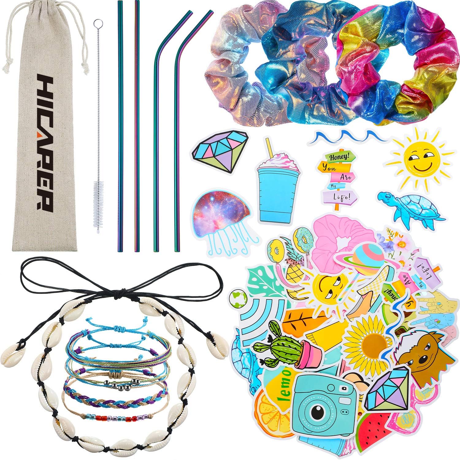 46 Pieces VSCO Girl Stuff Set, 35 Water Bottle Sticker Vinyl Stickers 3 Velvet Hair Scrunchies with Shell Necklace Choker, Boho Crystal Bracelet, 4 Metal Straws with Cleaning Brush, Storage Bag