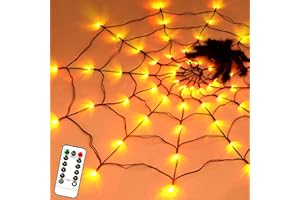 ROETELO Halloween Decorations Spider Web Lights,3.3Ft Spider Web Lights with Black Hairy Spider,60 Orange LED 8 Modes Remote Control Waterproof Battery Powered Lights for Halloween Decor Indoor and Outdoor