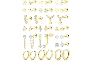 Hypoallergenic Flat Back Earrings 14K Gold Plated Cartilage Earring Stacks for Sensitive Ears Surgical Steel Small Huggie Hoops Flatback Stud Earrings Set for Multiple Piercing Jewelry Gift for Women