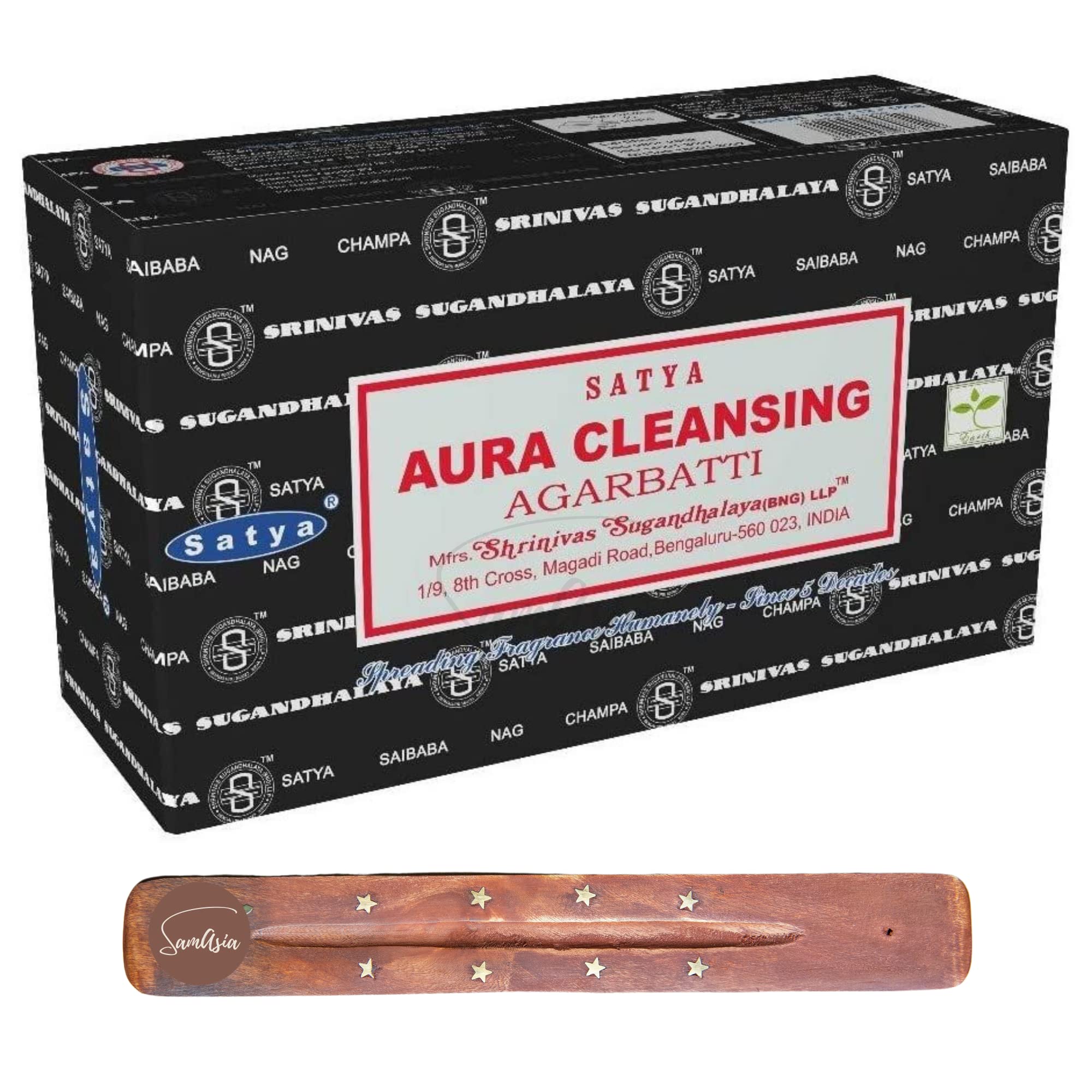 Satya Nag Champa Aura Cleansing Incense Sticks | x12 pack | with SAMASIA incense sticks holder | Used for Auomatherapy, Spa, Yoga, Weddings, Meditation, Healing, Positivity and Relaxation โ image 1