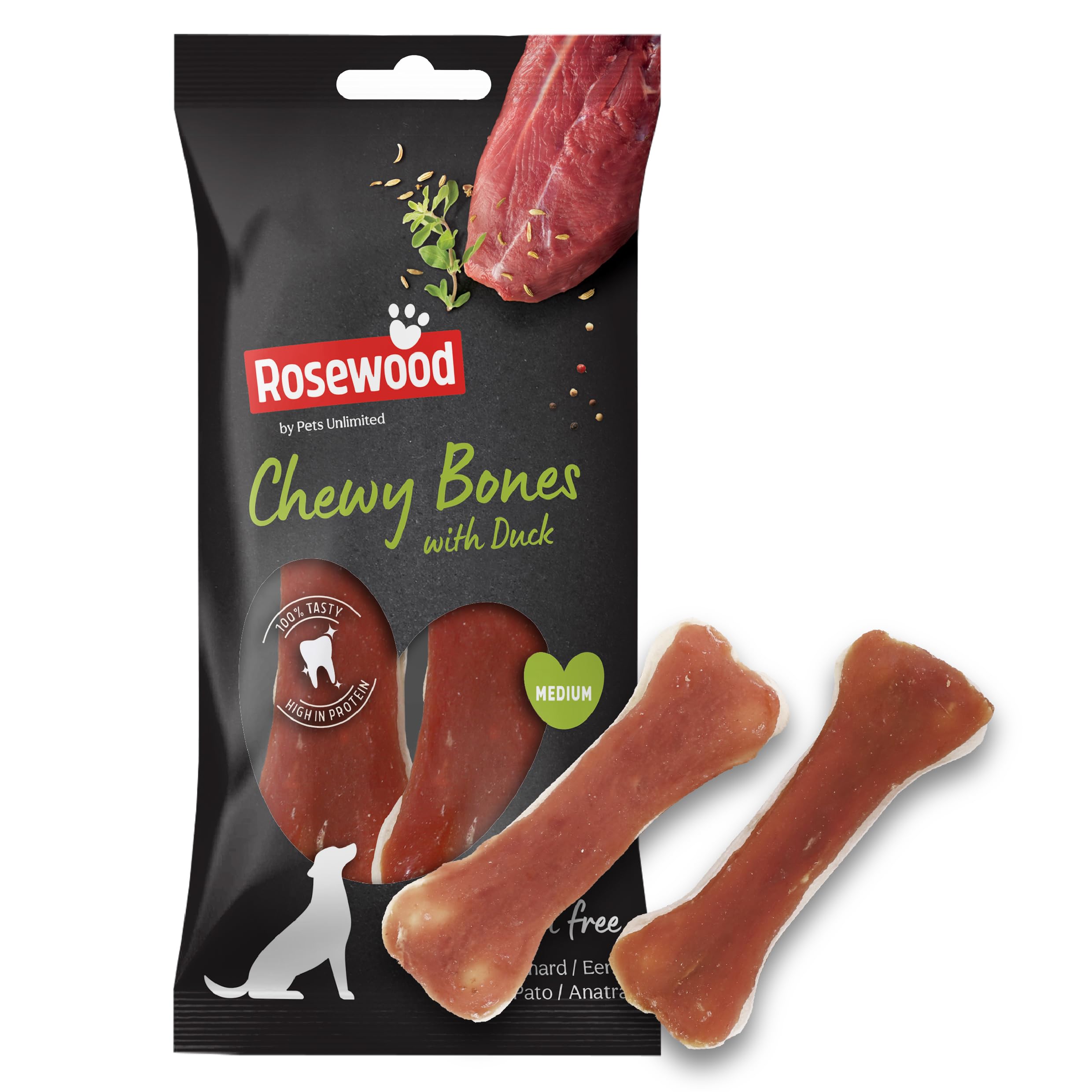 Rosewood Medium Chewy Bones for Dogs - Made with Duck, Grain Free Chews, High Protein Dog Treats, By Pets Unlimited (2pc, 80g)