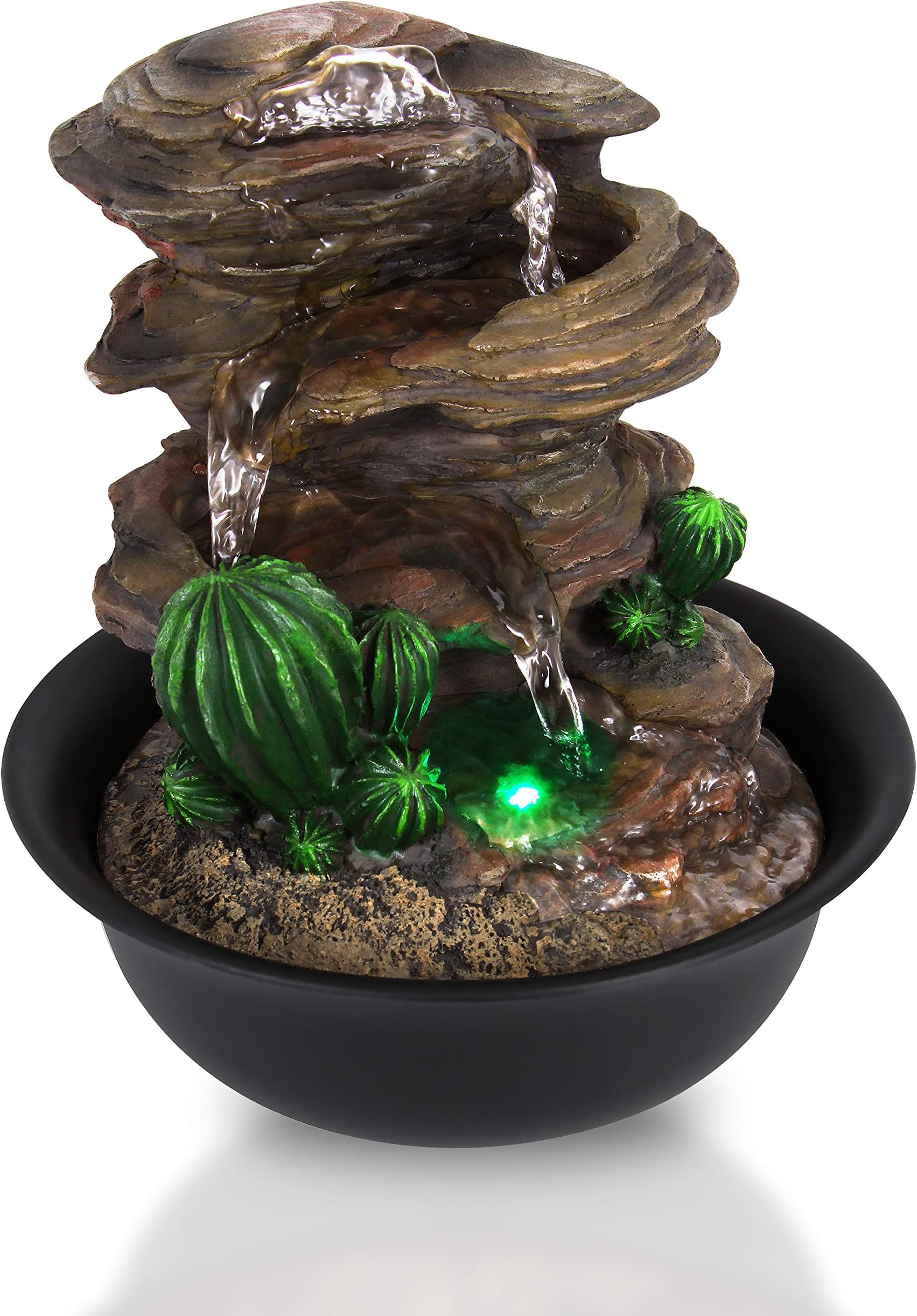 Electric Meditation Water Fountain Decor - 3-Tier Cool Portable Desktop Tabletop Decorative Indoor Outdoor Zen Waterfall Decoration w/ LED, Submersible Pump and Power Adapter - SereneLife AZSLTWF63LED