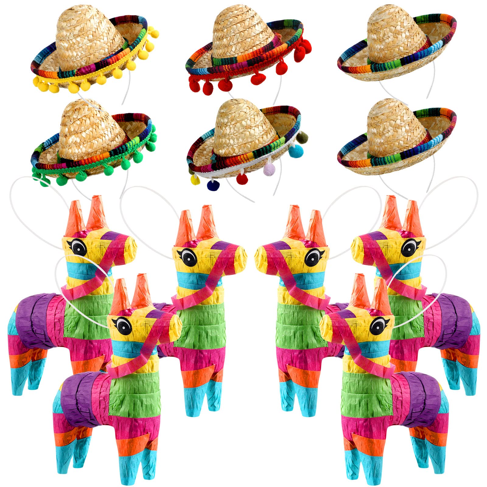 Photo 1 of 6 Pieces Mini Rainbow Donkey Piñata 4 x 7 Inch and 6 Pieces Sombrero Hat headbands for Cinco De Mayo Mexican Decorations Carnivals Festivals Taco Tuesday Event Fiesta Supplies(Classic Style)