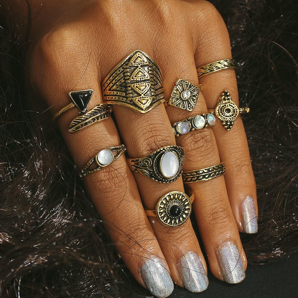 Setita 10 Pieces Stylish Black Stone Retro Arrow Feather Joint Knuckle Nail Midi Ring Set Boho Ring Set (Ancient Golden)