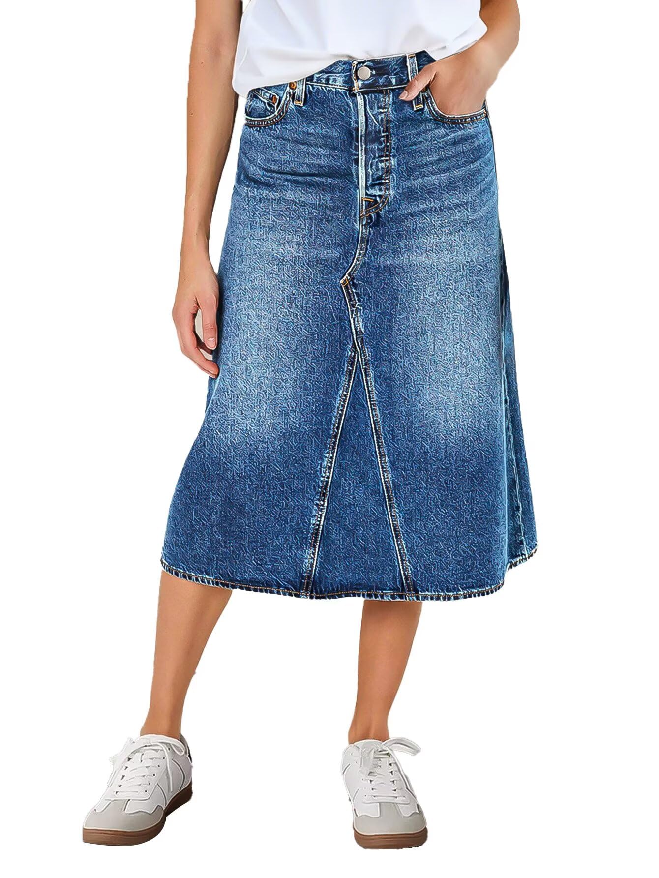 Photo 1 of Flamingals High Waist Vintage A-Line Denim Skirt Midi Button Front Casual Jean Skirts Mid Blue 2XL