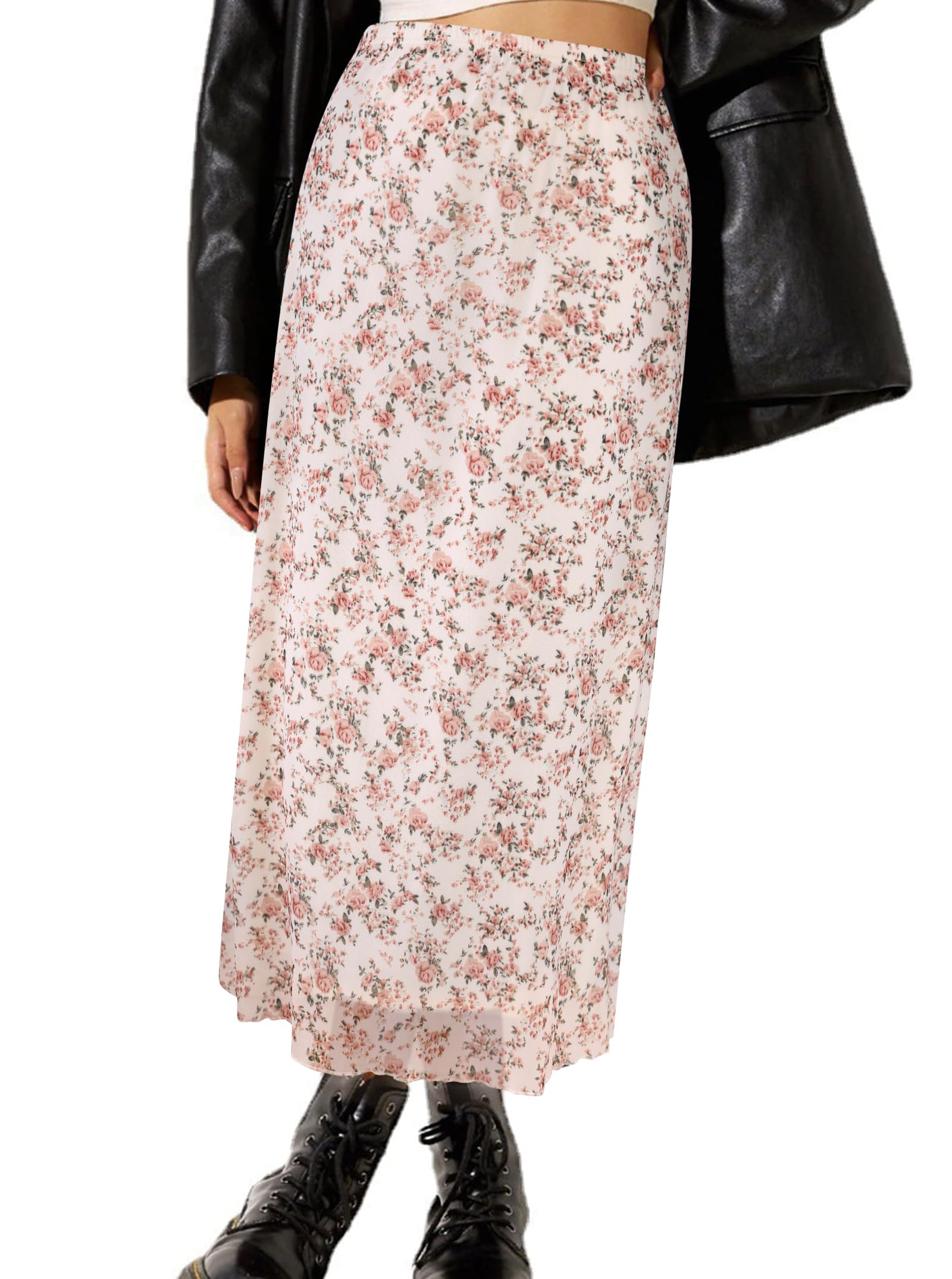 Photo 1 of ****SIMILAR ITEM****
Avanova Women Boho Floral Mesh Midi Skirt High Waist Lettuce Trim Long Straight Skirt Pink Floral Medium