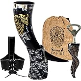 NORSE EMPIRE Genuine Ox-Horn Viking Drinking Horn with Horn Stand, Leather Holster Food Grade Tankard Christmas Cup for Drink Beer, Ale, Mead, Whiskey Gift For Men & Women …