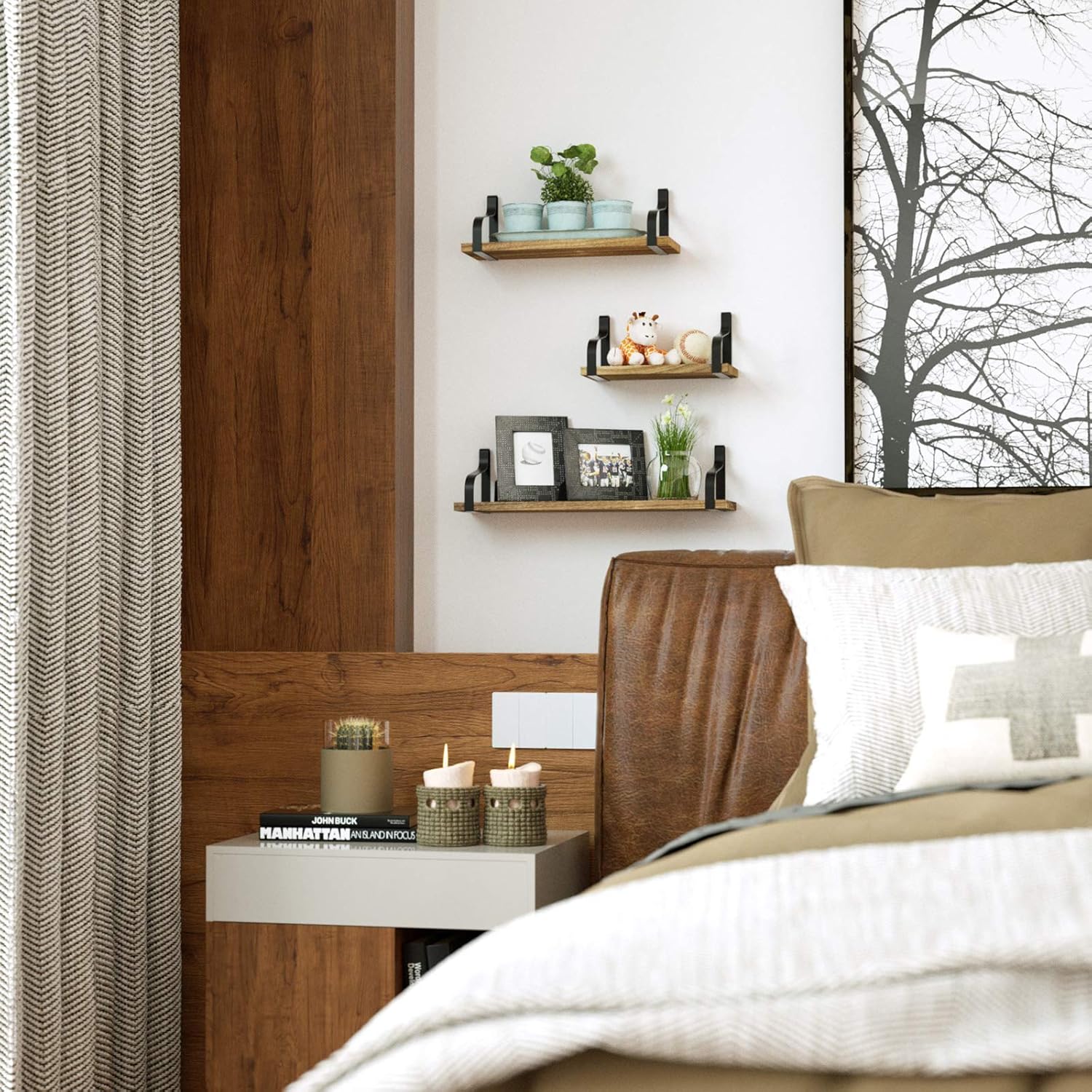 Love-KANKEI Floating Shelves Wall Mounted Set of 3, Rustic Wood Wall Storage Shelves for Bedroom, Living Room, Bathroom, Kitchen, Office and More Carbonized Black: Furniture & Decor