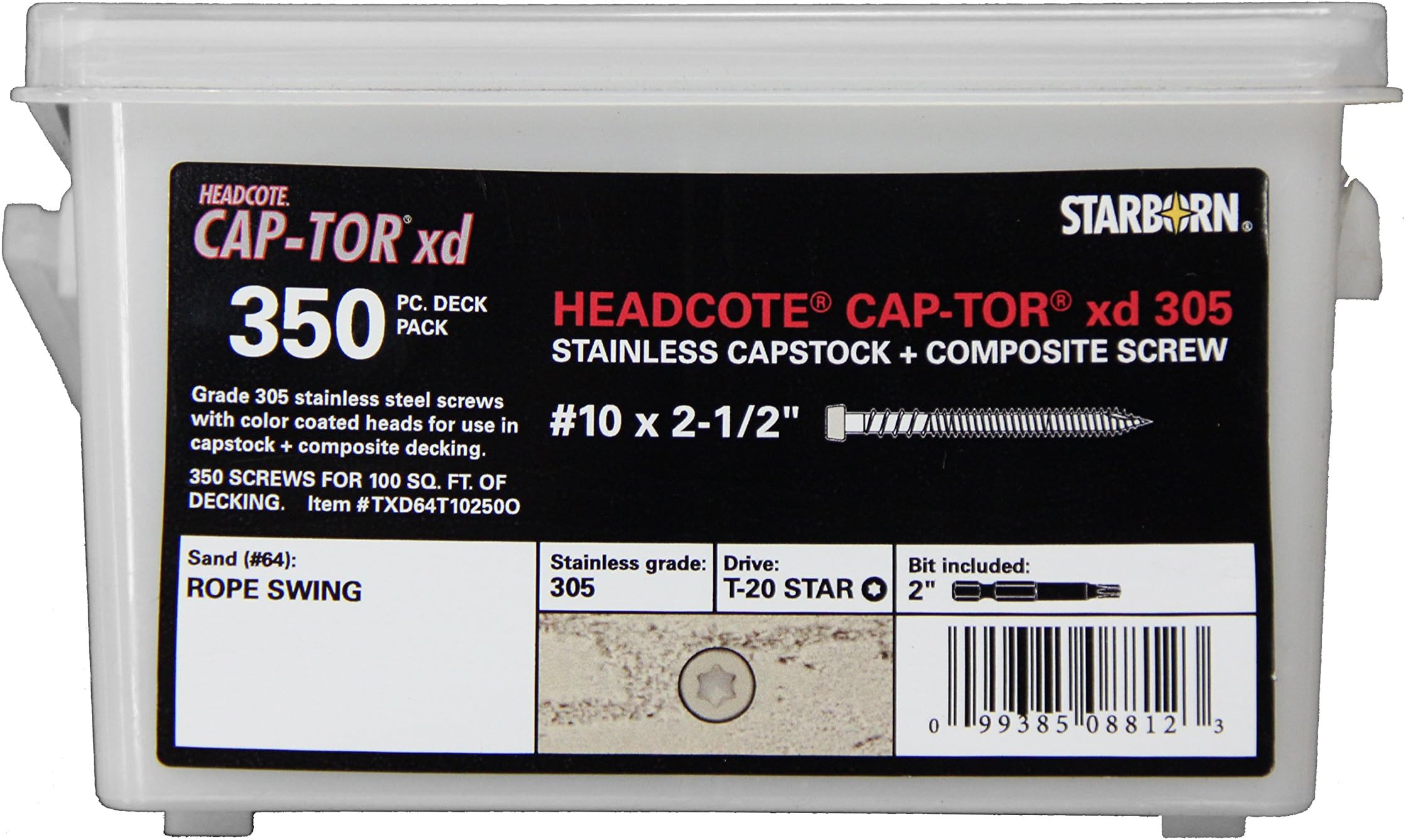 Deckfast CAP-TOR xd Headcote Stainless Steel Grade #305 350 Pack #10 2-1/2" Screws (Sand (#64) Matches Trex Rope Swing)