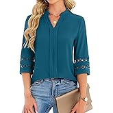 Funlingo Womens 3/4 Sleeve Tops Spring Fashion V Neck Dressy Casual Blouses Business Work Tunic Pleated Shirts Fashion Clothes Loose Fit Trendy Teal L