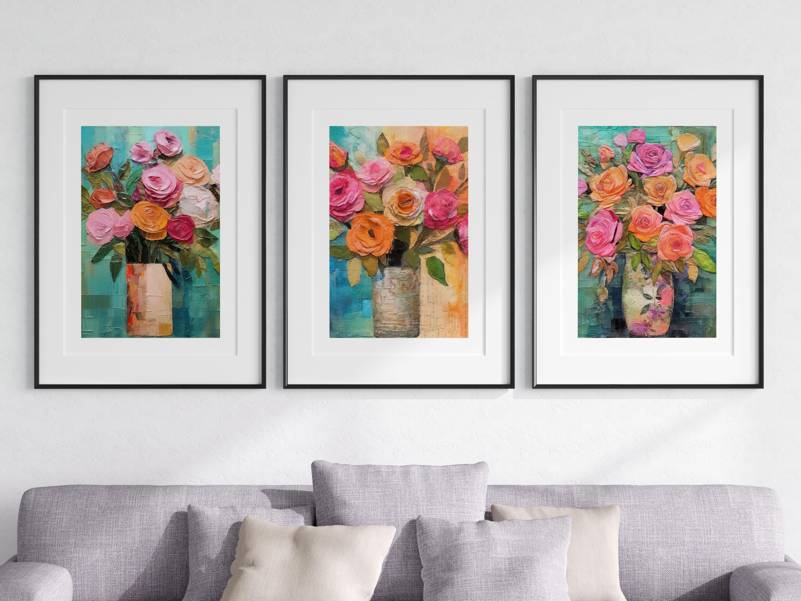 Vibrant Bouquets Set of 3 Unframed Wall Poster Prints, Beautiful Flower Painting Textures, Bathroom Bedroom Lounge Kitchen Office Home Décor, Bright Flowers Roses Peonies, Pink Orange Blue (A3)
