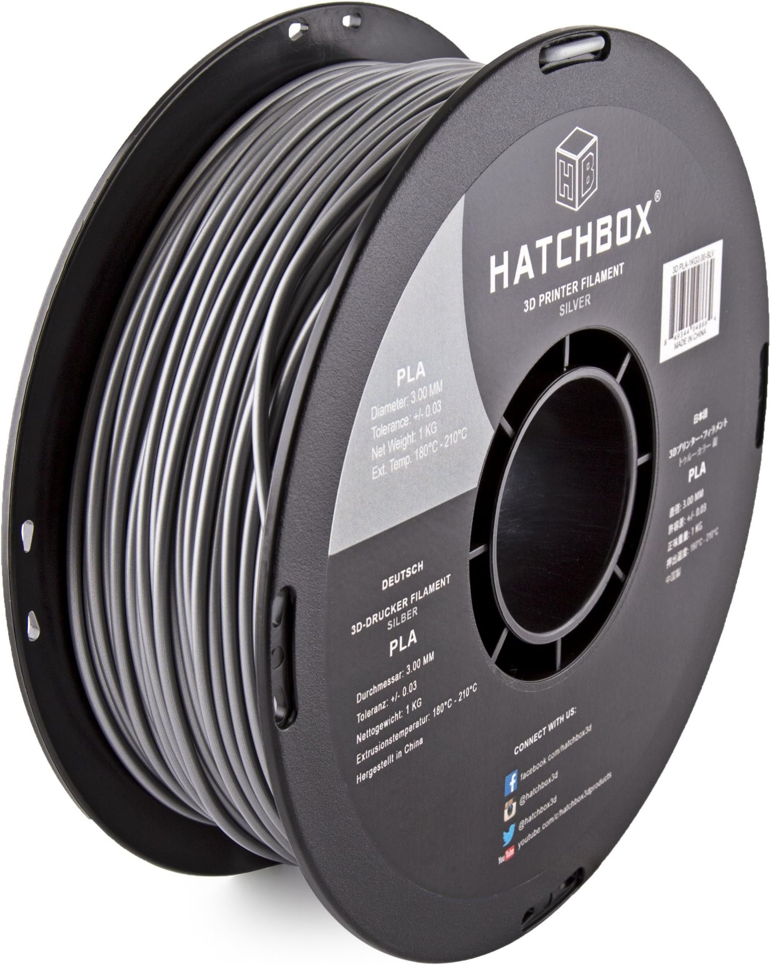 HATCHBOX 3.00mm Silver PLA 3D Printer Filament - 1kg Spool (2.2 lbs) - Dimensional Accuracy +/- 0.03mm