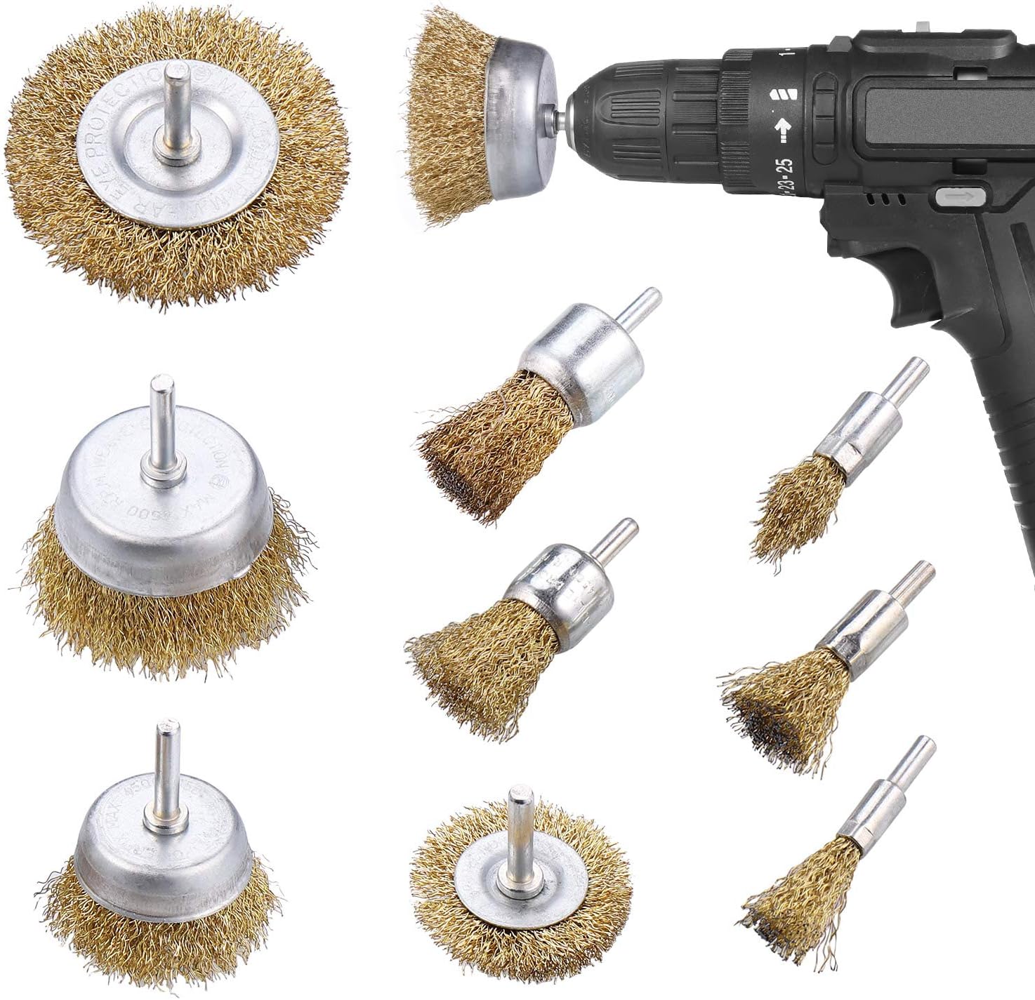 JIZZU 9Pcs Coated Brass Wire Brush Set for Drill,Wire Brush Drill Attachment,Wire Drill Brush for Cleaning Rust,Wire Brush for Paint Removal,Derusting