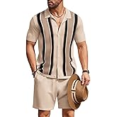 COOFANDY Men's 2 Piece Outfit Vintage Short Sleeve Button Down Knit Polo Shirts Casual Beach Shorts Sets