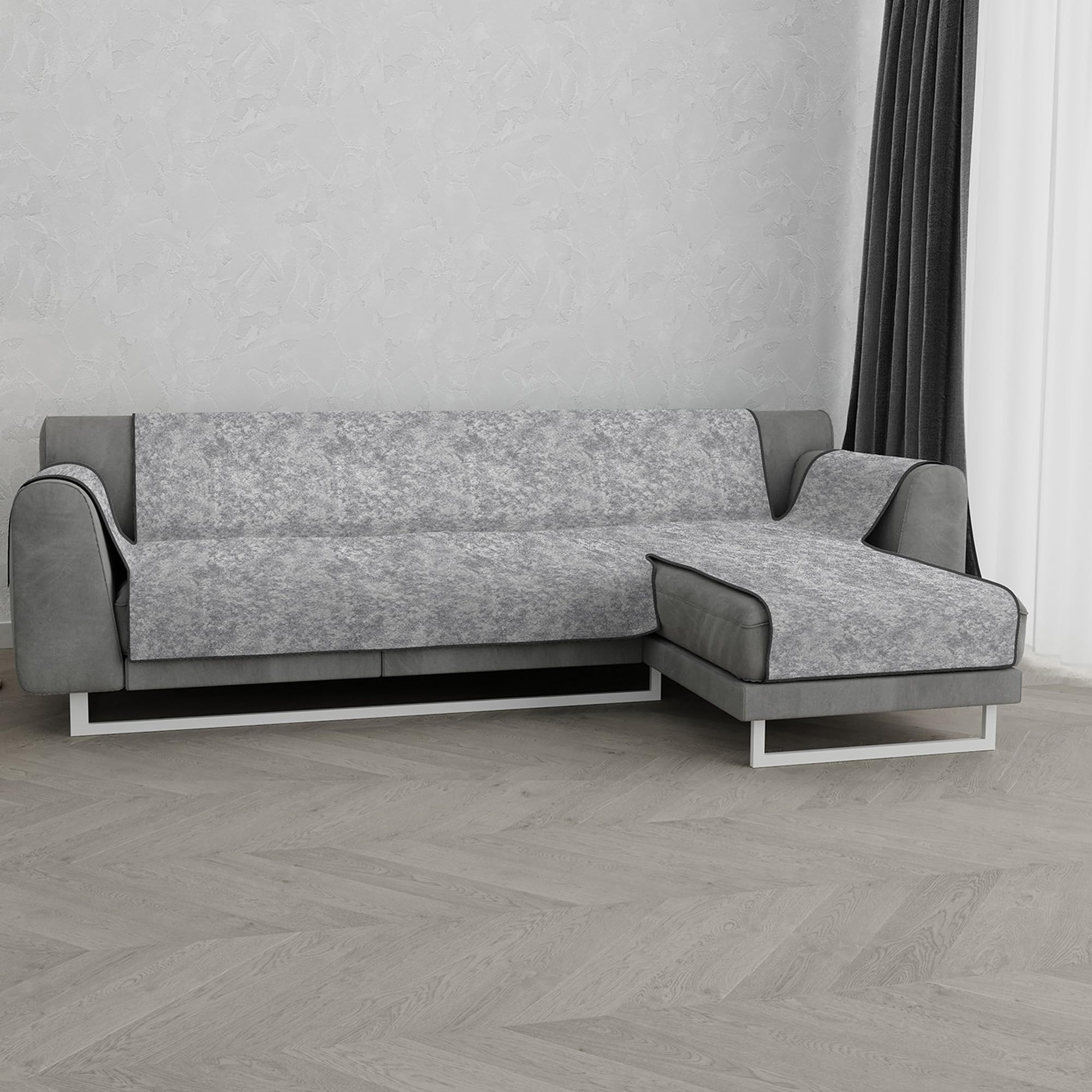 Italian Bed Linen “ Glamour” Anti-Slip Sofa Cover with Chaise-Longue Right, Dark Grey, 240cm