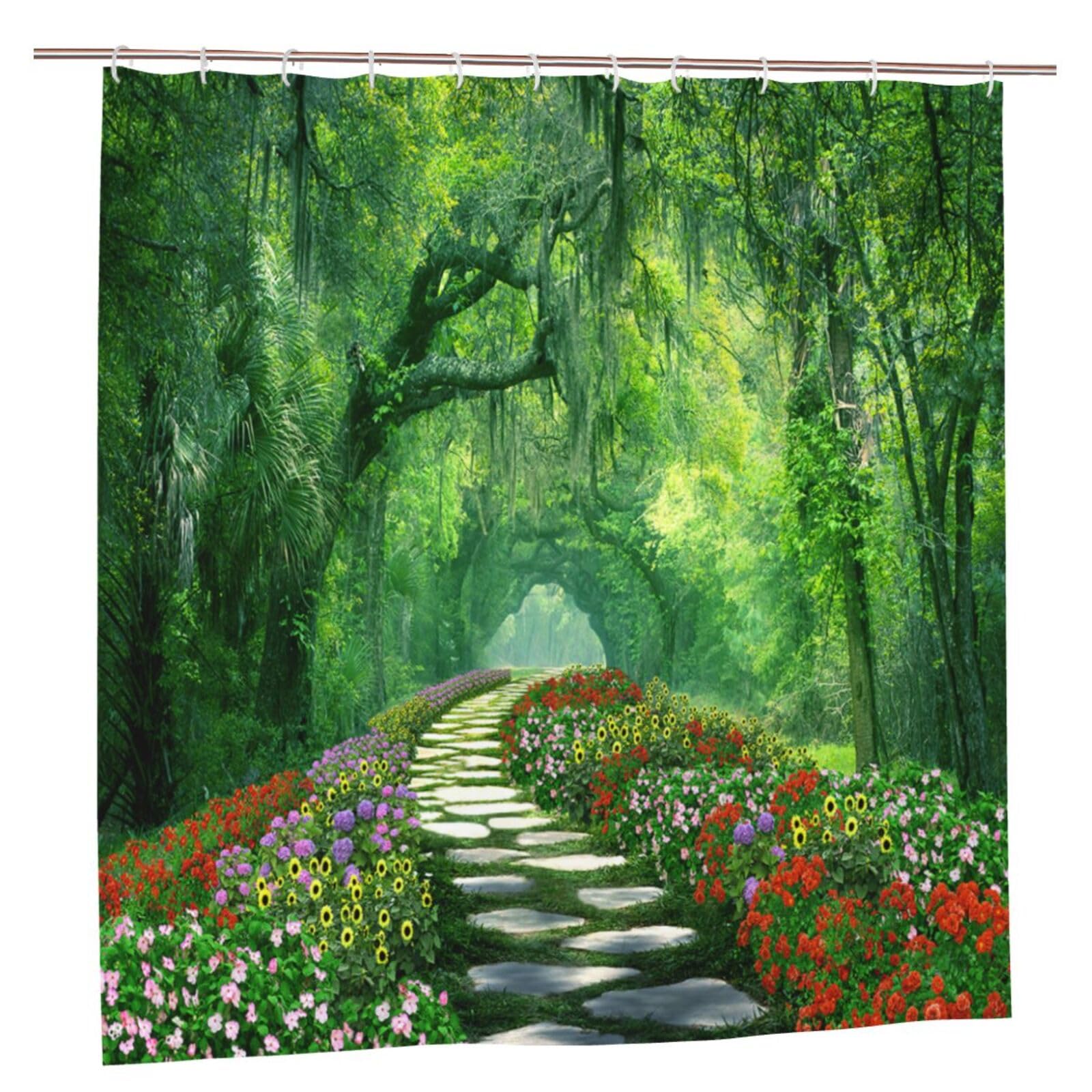 Newhomestyle Garden View Bathroom Shower Curtain, Natural Plant Landscape Flower Forest Green Waterproof Bath Curtain, Quick-Drying Floral Garden Curtains with 12 Hooks, 180X180cm/ 71X71 in — image 1