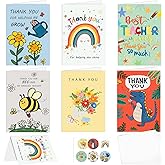 AhfuLife 6 Pcs Teacher Thank You Cards Multipack, 6 Foldable Cute Appreciation Cards Graduation Gift, Including 6 Stickers and 6 Envelops for Teacher of the Year Gifts