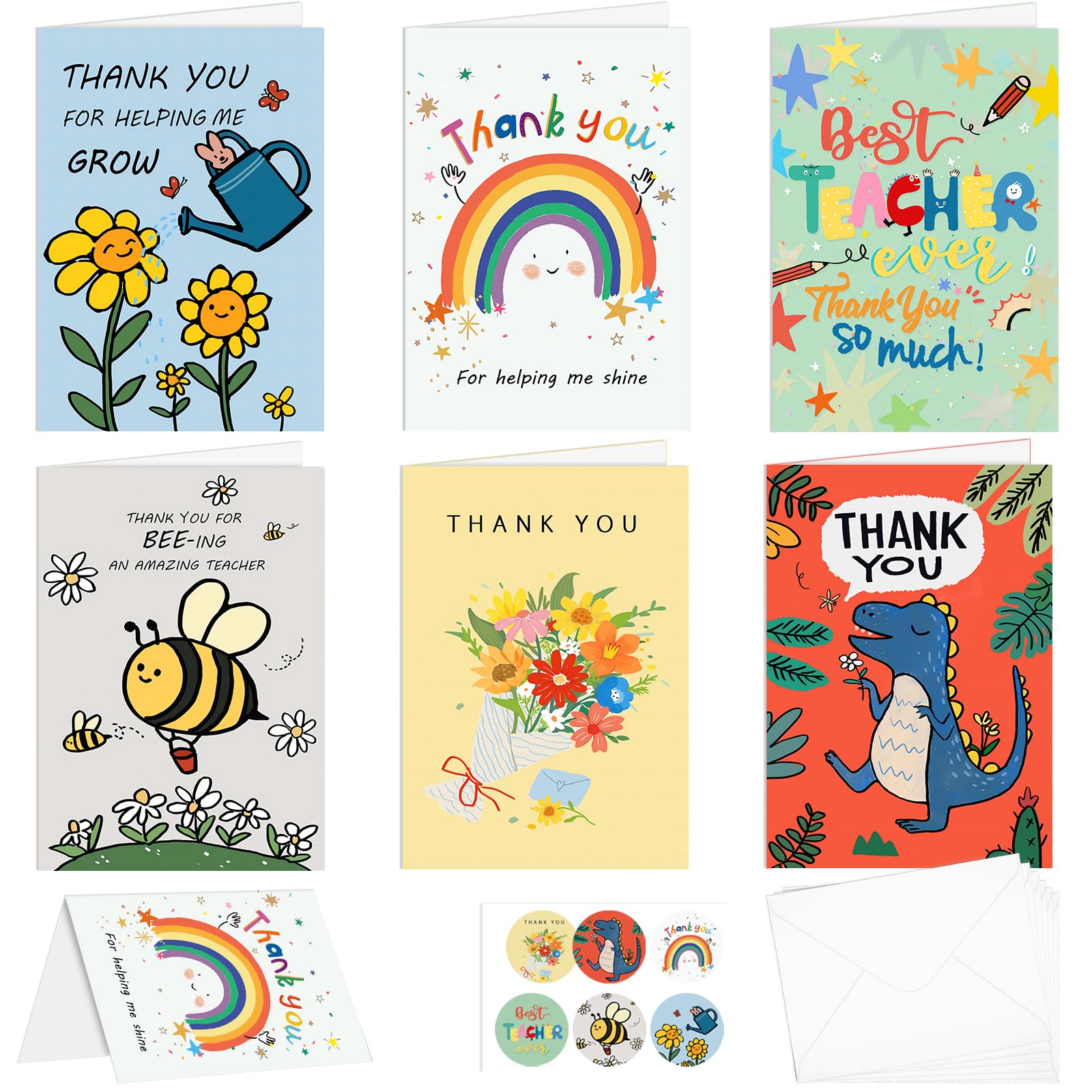 AhfuLife Teacher Thank You Cards Multipack, Thank You Teacher Greeting Cards for Teacher Teaching Assistant Nursery, 6 Foldable Teacher Cards with 6 Envelopes and 6 Stickers for Teacher Leaving Gift