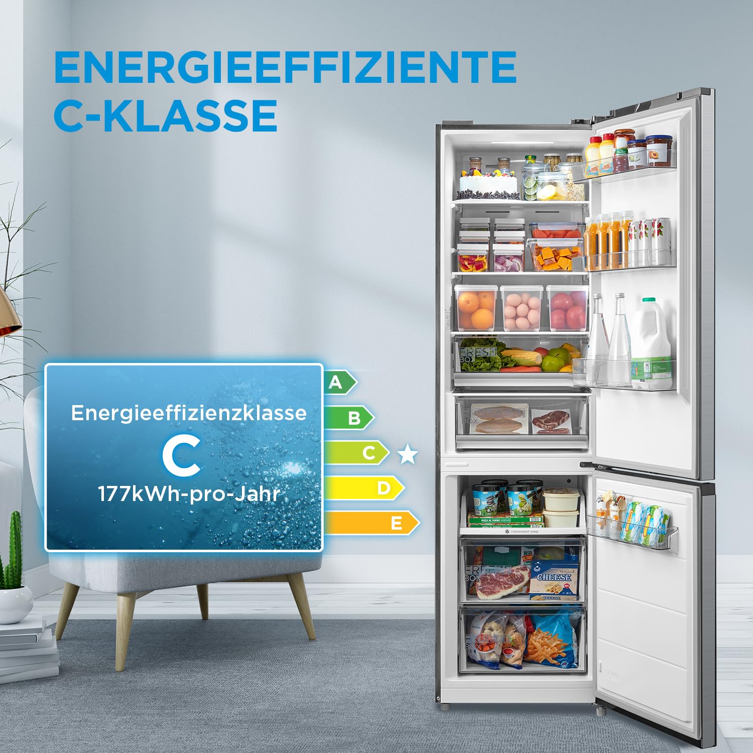 Midea MDRB521MIC46A Kühl-/Gefrierkombination/No Frost/WiFi-Steuerung/Inverter Kompressor/201 cm hoch / 59,5 cm breit /70 cm tiefe/177 kWh/Jahr/256 L Kühlteil/122 L Gefrierteil, Front Inox 5