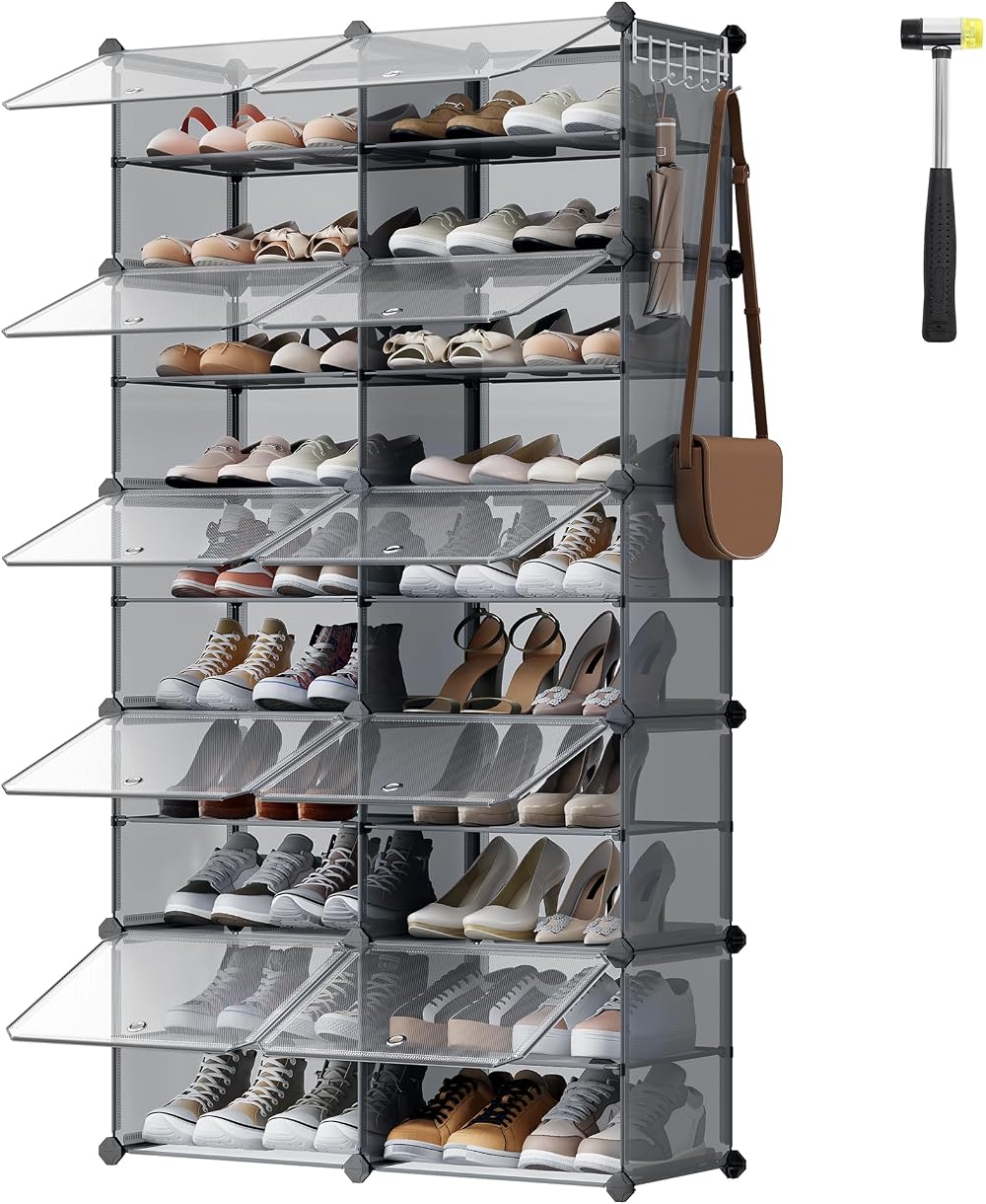 SONGMICS Interlocking Shoe Rack 10 Slots Plastic Cabinet with Doors