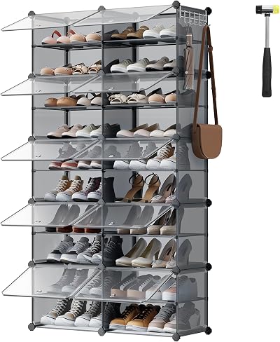 SONGMICS Interlocking Shoe Rack 10 Slots Plastic Cabinet with Doors